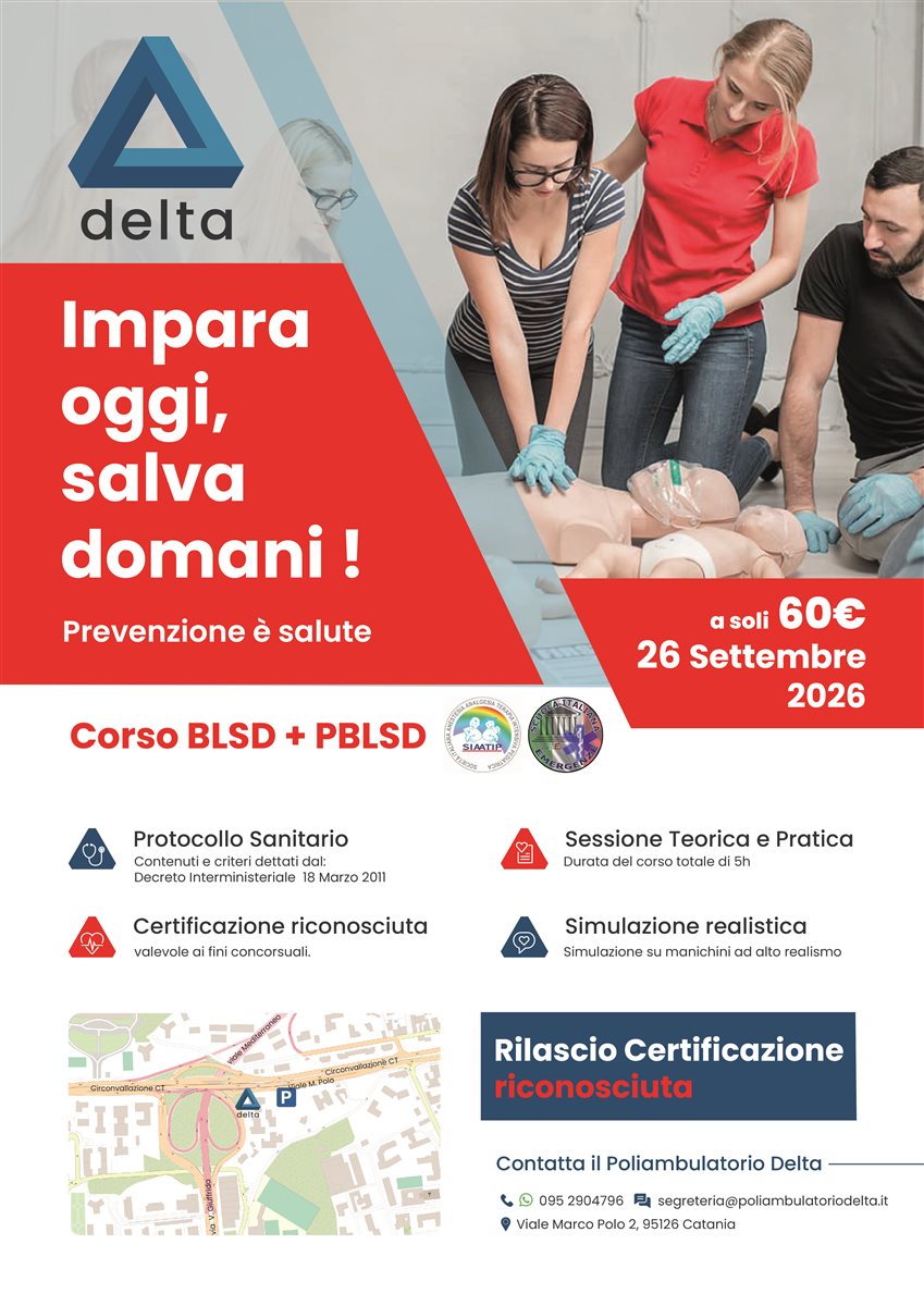 Locandina del Corso BLSD + PBLSD a 60 euro, 30 Ottobre 2026, Poliambulatorio Delta